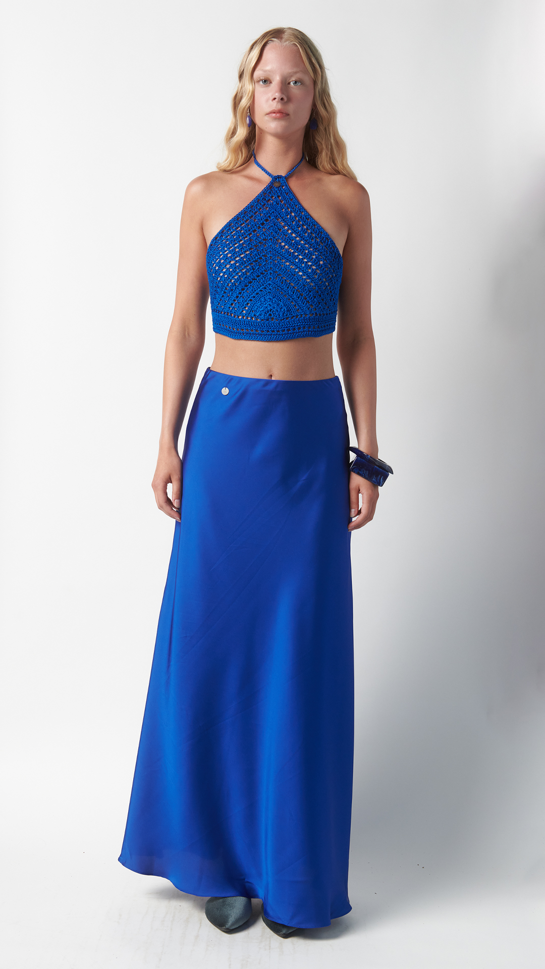 Gonna lunga in seta blu zaffiro